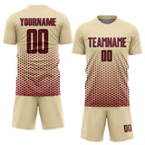 Custom Cream Maroon-Black Geometric Hexagonal Dot Gradient Sublimation Soccer Uniform Jersey