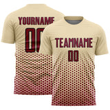 Custom Cream Maroon-Black Geometric Hexagonal Dot Gradient Sublimation Soccer Uniform Jersey