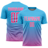 Custom Sky Blue Pink-White Geometric Hexagonal Dot Gradient Sublimation Soccer Uniform Jersey