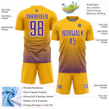 Custom Gold Purple-White Geometric Hexagonal Dot Gradient Sublimation Soccer Uniform Jersey