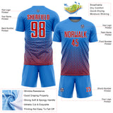 Custom Powder Blue Red-White Geometric Hexagonal Dot Gradient Sublimation Soccer Uniform Jersey