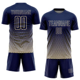 Custom Navy-Cream Geometric Hexagonal Dot Gradient Sublimation Soccer Uniform Jersey