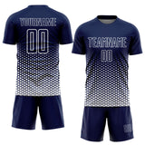 Custom Navy-White Geometric Hexagonal Dot Gradient Sublimation Soccer Uniform Jersey