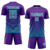 Custom Purple Teal-White Geometric Hexagonal Dot Gradient Sublimation Soccer Uniform Jersey