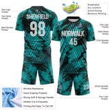 Custom Aqua White-Black Abstract Swirl Wave Grunge Splatter Sublimation Soccer Uniform Jersey