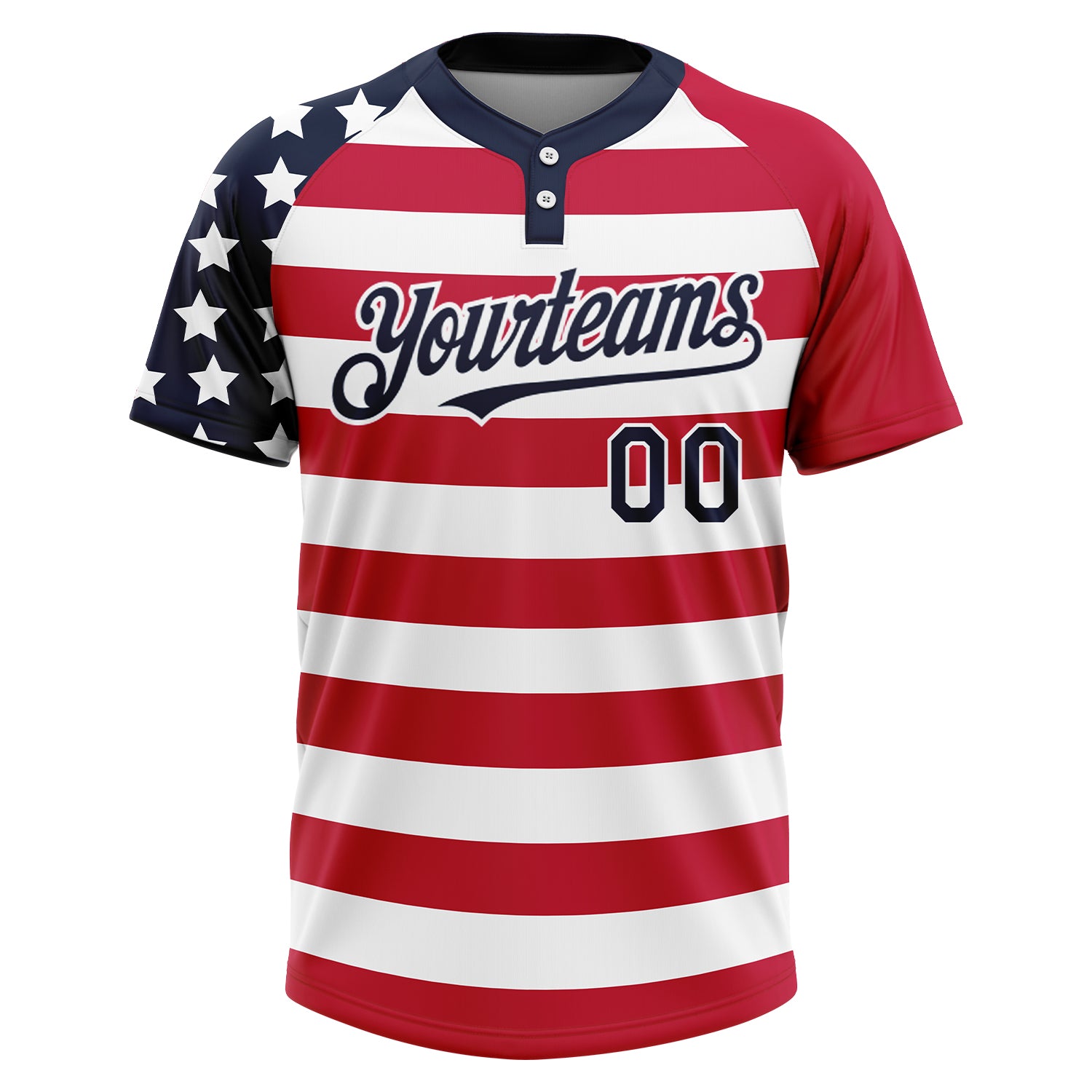 Custom White Navy-Red 3D American Flag Fashion Two-Button Unisex Softball Jersey