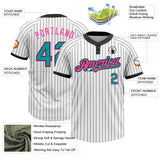 Custom White Black Pinstripe Teal-Pink Two-Button Unisex Softball Jersey