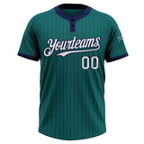Custom Teal Navy Pinstripe White Two-Button Unisex Softball Jersey