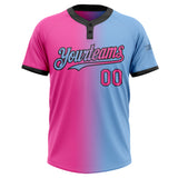 Custom Light Blue Pink-Black Gradient Fashion Two-Button Unisex Softball Jersey