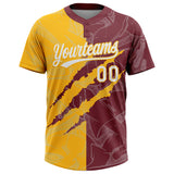 Custom Graffiti Pattern White Burgundy-Gold 3D Scratch Two-Button Unisex Softball Jersey