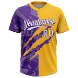 Custom Graffiti Pattern White Gold-Purple 3D Scratch Two-Button Unisex Softball Jersey