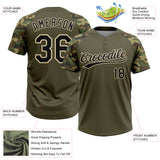 Custom Olive Black-Cream Salute To Service Camo Raglan Sleeves Two-Button Unisex Softball Jersey