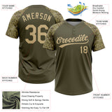 Custom Olive Vegas Gold Salute To Service Camo Raglan Sleeves Two-Button Unisex Softball Jersey