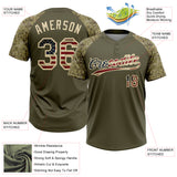 Custom Olive Vintage USA Flag-Cream Salute To Service Camo Raglan Sleeves Two-Button Unisex Softball Jersey