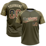 Custom Olive Vintage USA Flag-Cream Salute To Service Camo Raglan Sleeves Two-Button Unisex Softball Jersey