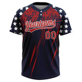 Custom Navy Red-White Distressed Scratch Brush Stroke Star Raglan Sleeves Two-Button Unisex Softball Jersey