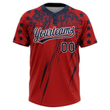 Custom Red Navy-White Distressed Scratch Brush Stroke Star Raglan Sleeves Two-Button Unisex Softball Jersey
