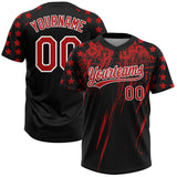 Custom Black Red-White Distressed Scratch Brush Stroke Star Raglan Sleeves Two-Button Unisex Softball Jersey