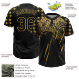 Custom Black Old Gold Distressed Scratch Brush Stroke Star Raglan Sleeves Two-Button Unisex Softball Jersey