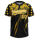 Custom Black Yellow-White Distressed Scratch Brush Stroke Star Raglan Sleeves Two-Button Unisex Softball Jersey