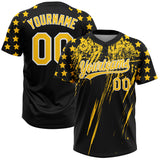 Custom Black Yellow-White Distressed Scratch Brush Stroke Star Raglan Sleeves Two-Button Unisex Softball Jersey