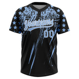 Custom Black Light Blue-White Distressed Scratch Brush Stroke Star Raglan Sleeves Two-Button Unisex Softball Jersey