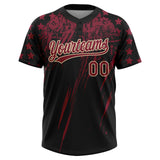 Custom Black Crimson-Cream Distressed Scratch Brush Stroke Star Raglan Sleeves Two-Button Unisex Softball Jersey