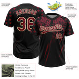 Custom Black Crimson-Cream Distressed Scratch Brush Stroke Star Raglan Sleeves Two-Button Unisex Softball Jersey