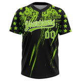 Custom Black Neon Green-White Distressed Scratch Brush Stroke Star Raglan Sleeves Two-Button Unisex Softball Jersey