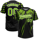 Custom Black Neon Green-White Distressed Scratch Brush Stroke Star Raglan Sleeves Two-Button Unisex Softball Jersey