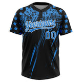 Custom Black Electric Blue-White Distressed Scratch Brush Stroke Star Raglan Sleeves Two-Button Unisex Softball Jersey