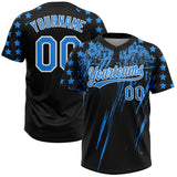 Custom Black Electric Blue-White Distressed Scratch Brush Stroke Star Raglan Sleeves Two-Button Unisex Softball Jersey