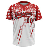 Custom White Red-Black Distressed Scratch Brush Stroke Star Raglan Sleeves Two-Button Unisex Softball Jersey