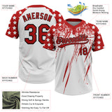 Custom White Red-Black Distressed Scratch Brush Stroke Star Raglan Sleeves Two-Button Unisex Softball Jersey