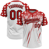 Custom White Red-Black Distressed Scratch Brush Stroke Star Raglan Sleeves Two-Button Unisex Softball Jersey