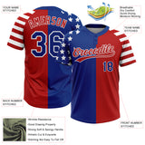 Custom Red Royal-White Stars & Stripes Raglan Sleeves Two-Button Unisex Softball Jersey