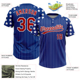 Custom Royal White Pinstripe Red Star Raglan Sleeves Two-Button Unisex Softball Jersey