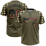 Custom Olive Cream Pinstripe Vintage USA Flag-Black Salute To Service Star Raglan Sleeves Two-Button Unisex Softball Jersey