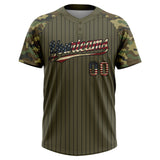 Custom Olive Black Pinstripe Vintage USA Flag Salute To Service Camo Raglan Sleeves Two-Button Unisex Softball Jersey