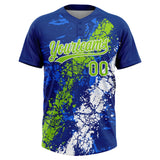 Custom Royal Neon Green-White Dripping Splatter Cracked Texture Two-Button Unisex Softball Jersey