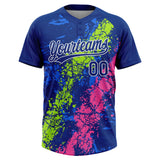Custom Royal Neon Green Pink-White Dripping Splatter Cracked Texture Two-Button Unisex Softball Jersey