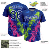 Custom Royal Neon Green Pink-White Dripping Splatter Cracked Texture Two-Button Unisex Softball Jersey