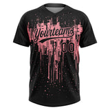 Custom Black Medium Pink Dripping Splatter Paint Two-Button Unisex Softball Jersey