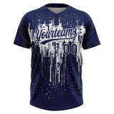 Custom Navy White Dripping Splatter Paint Two-Button Unisex Softball Jersey