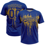 Custom Royal Old Gold Dripping Splatter Paint Two-Button Unisex Softball Jersey