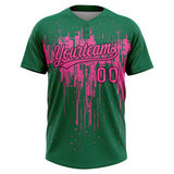 Custom Kelly Green Pink-Black Dripping Splatter Paint Two-Button Unisex Softball Jersey