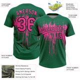 Custom Kelly Green Pink-Black Dripping Splatter Paint Two-Button Unisex Softball Jersey