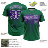 Custom Kelly Green Purple-White Dripping Splatter Paint Two-Button Unisex Softball Jersey