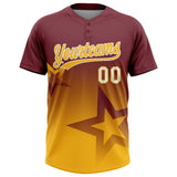 Custom Burgundy Gold-White Gradient Style Twinkle Star Two-Button Unisex Softball Jersey