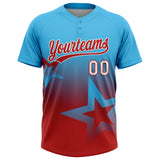 Custom Sky Blue Red-White Gradient Style Twinkle Star Two-Button Unisex Softball Jersey